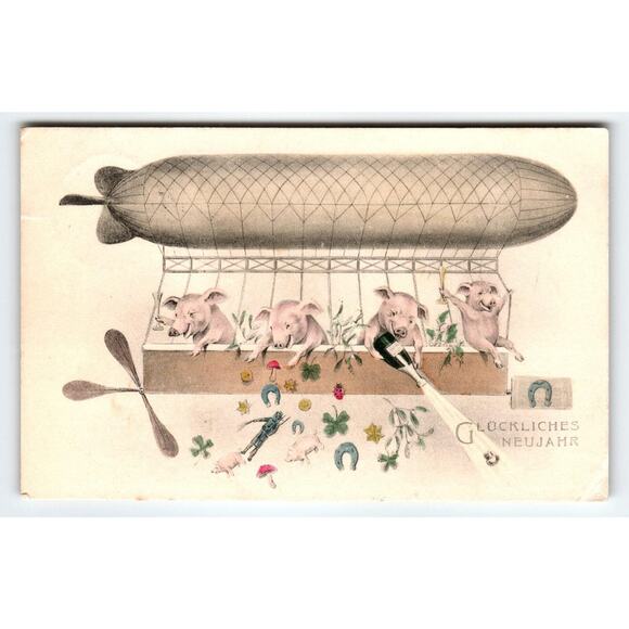 Pigs Fantasy Anthropomorphic Postcard New Years Piglets In Airship Blimp 1910 - Picture 1 of 2